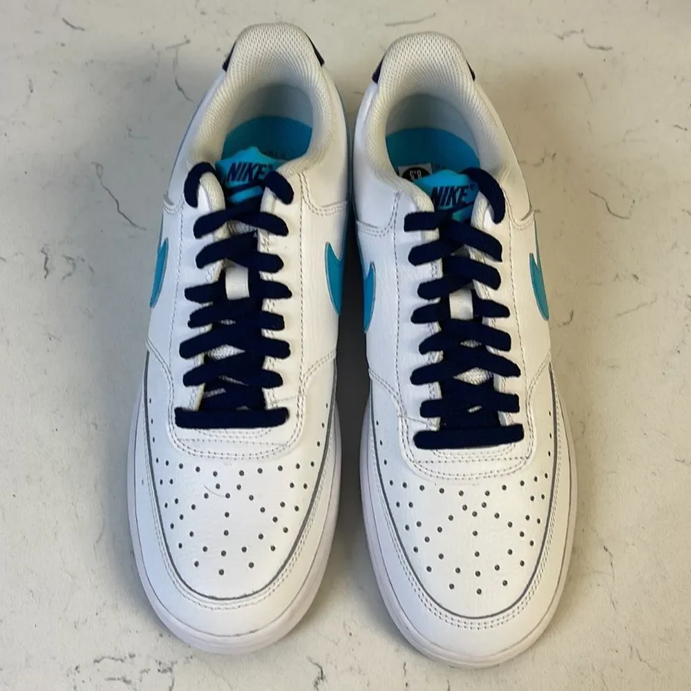 Men's Nike Court Vision Lo White/Turquoise Blue-Blue Void (DM1187 100) Sz 8.5